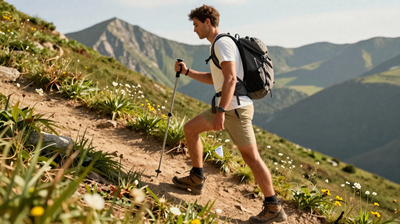 Mann wandert mit Rucksack und Wanderstock auf blumigem Pfad in bergiger Landschaft bei Sonnenschein.
