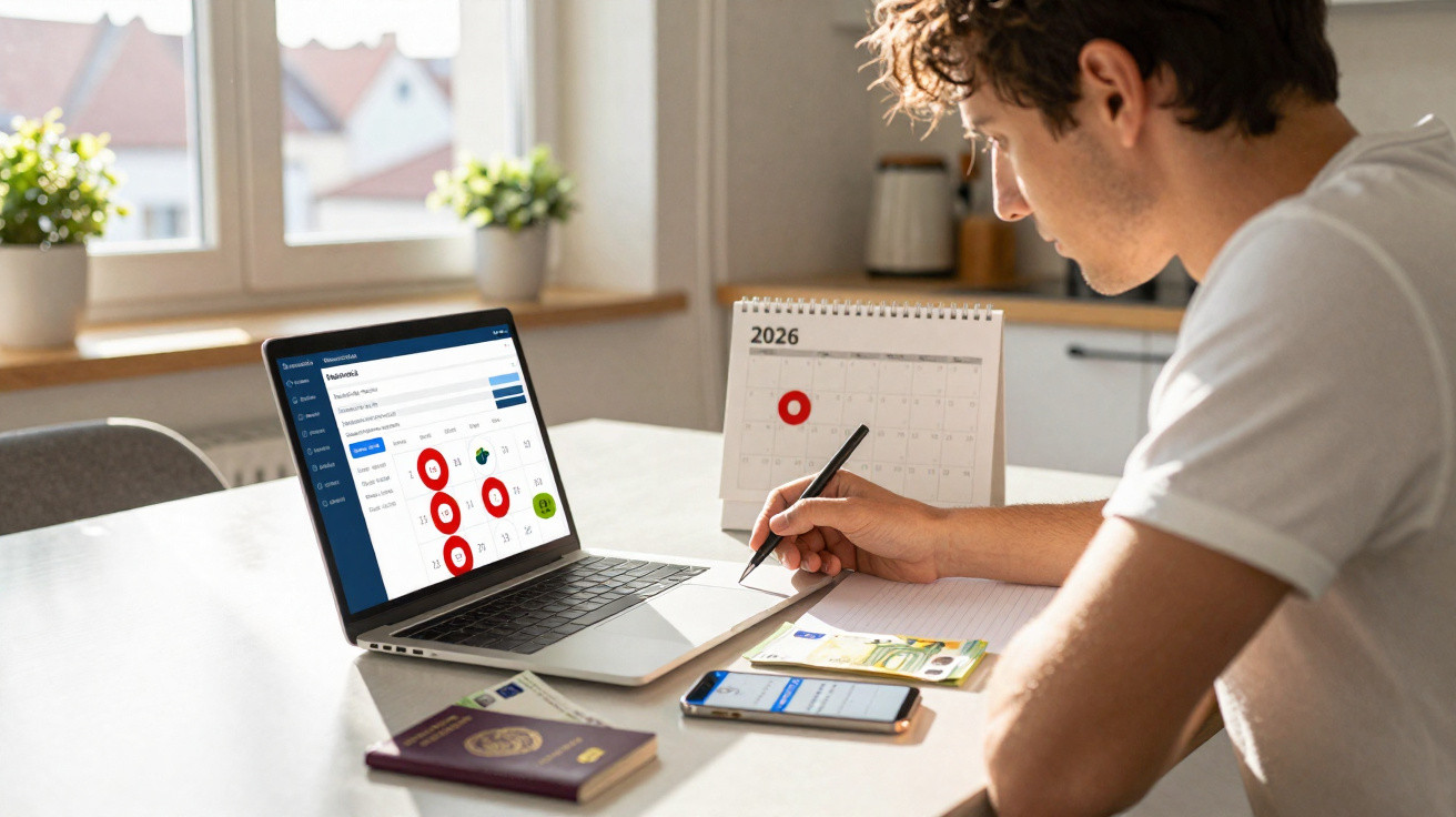 Junger Mann am Tisch mit Laptop, Kalender, Smartphone und Notizen arbeitet zu Hause im hellen Raum.