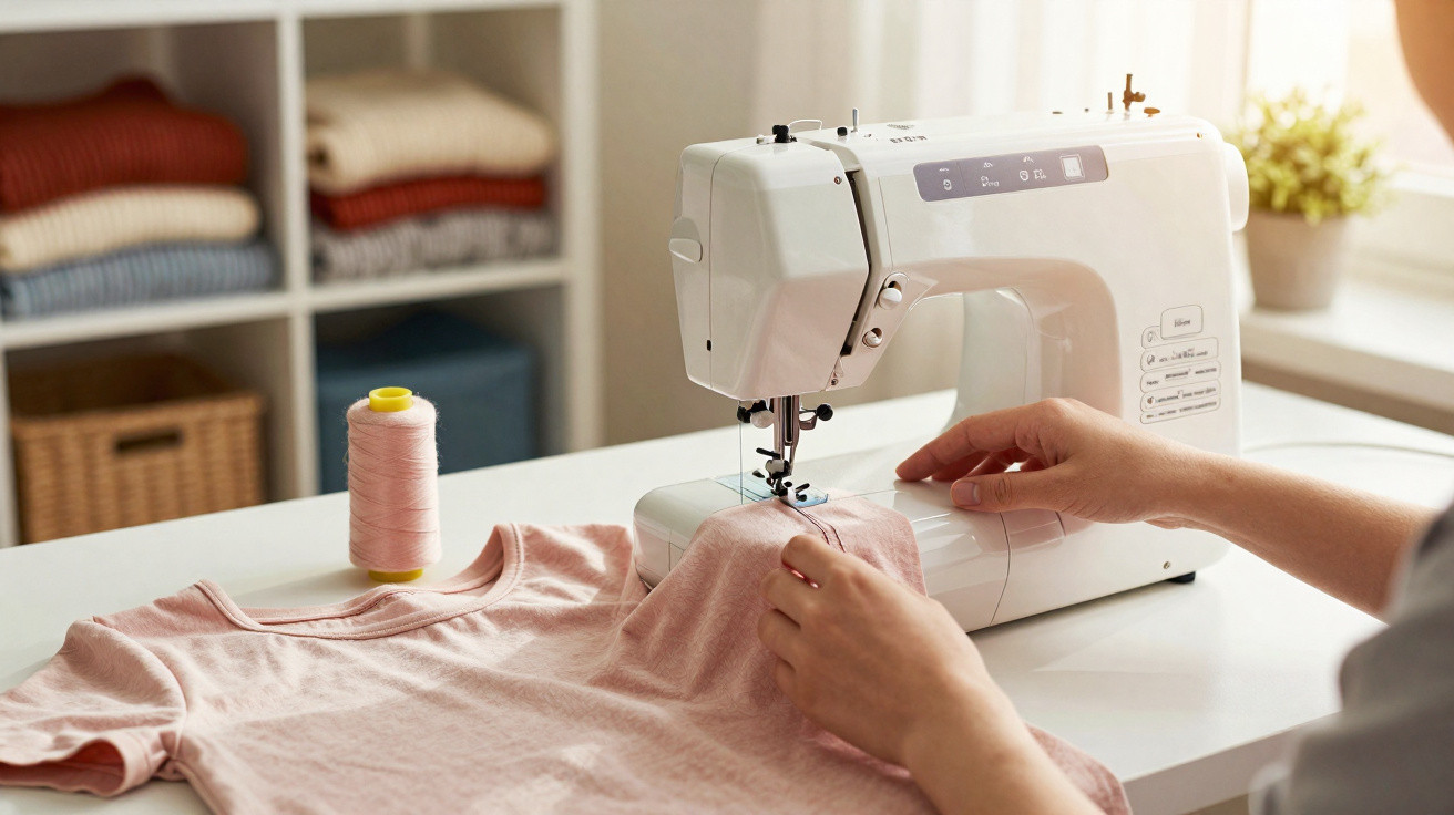 Person näht ein rosafarbenes T-Shirt mit einer weißen Nähmaschine an einem hellen Arbeitsplatz.