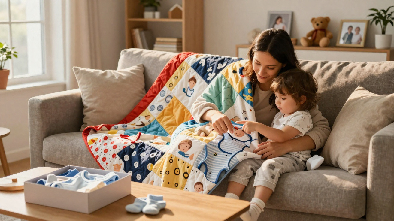 Mutter und Kind sitzen auf Sofa und betrachten gemeinsam ein buntes Babyquilts mit Tiermotiven.