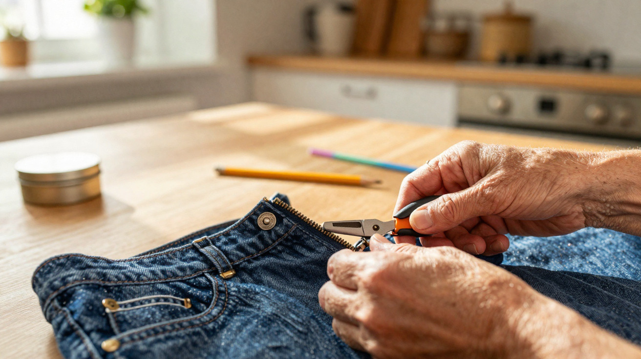 Hände reparieren einen Reißverschluss an einer blauen Jeans auf einem Holztisch in der Küche.