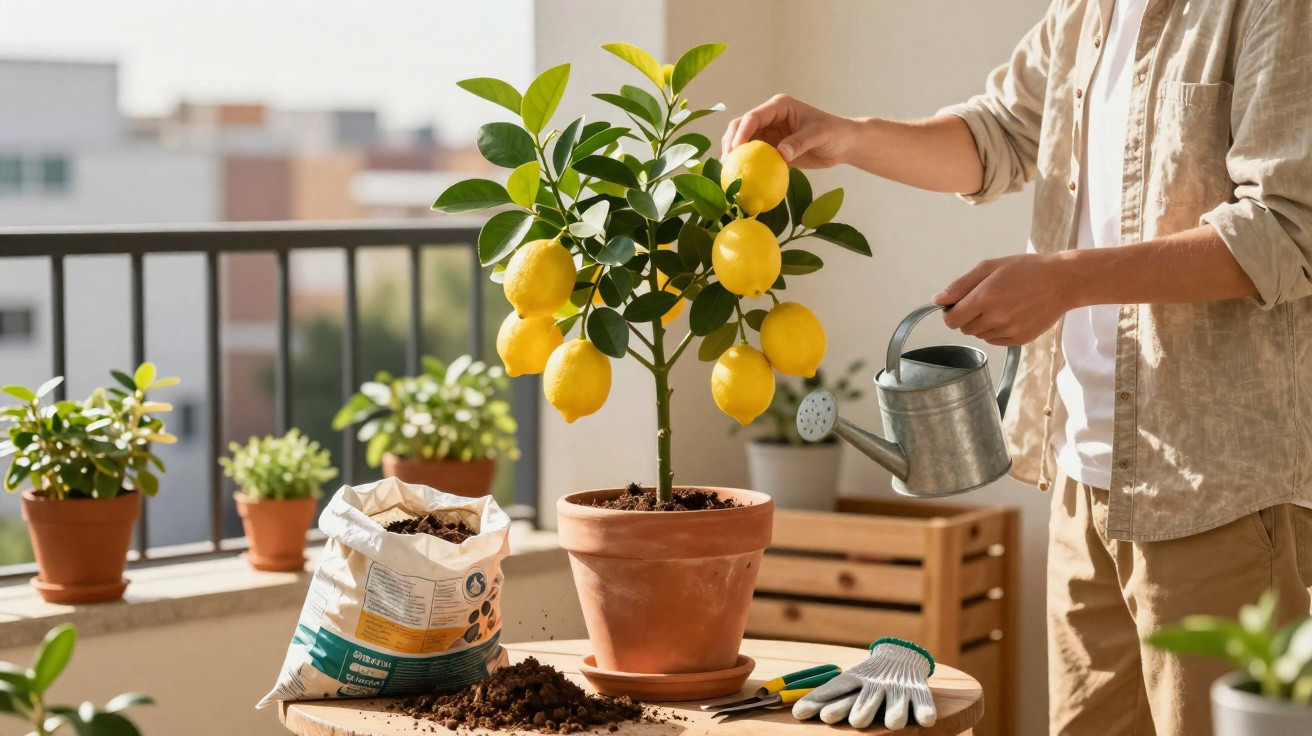 Person gießt Zitronenbaum in Topf auf Balkon mit Gießkanne, umgeben von Pflanzentöpfen und Gartenhandschuhen.