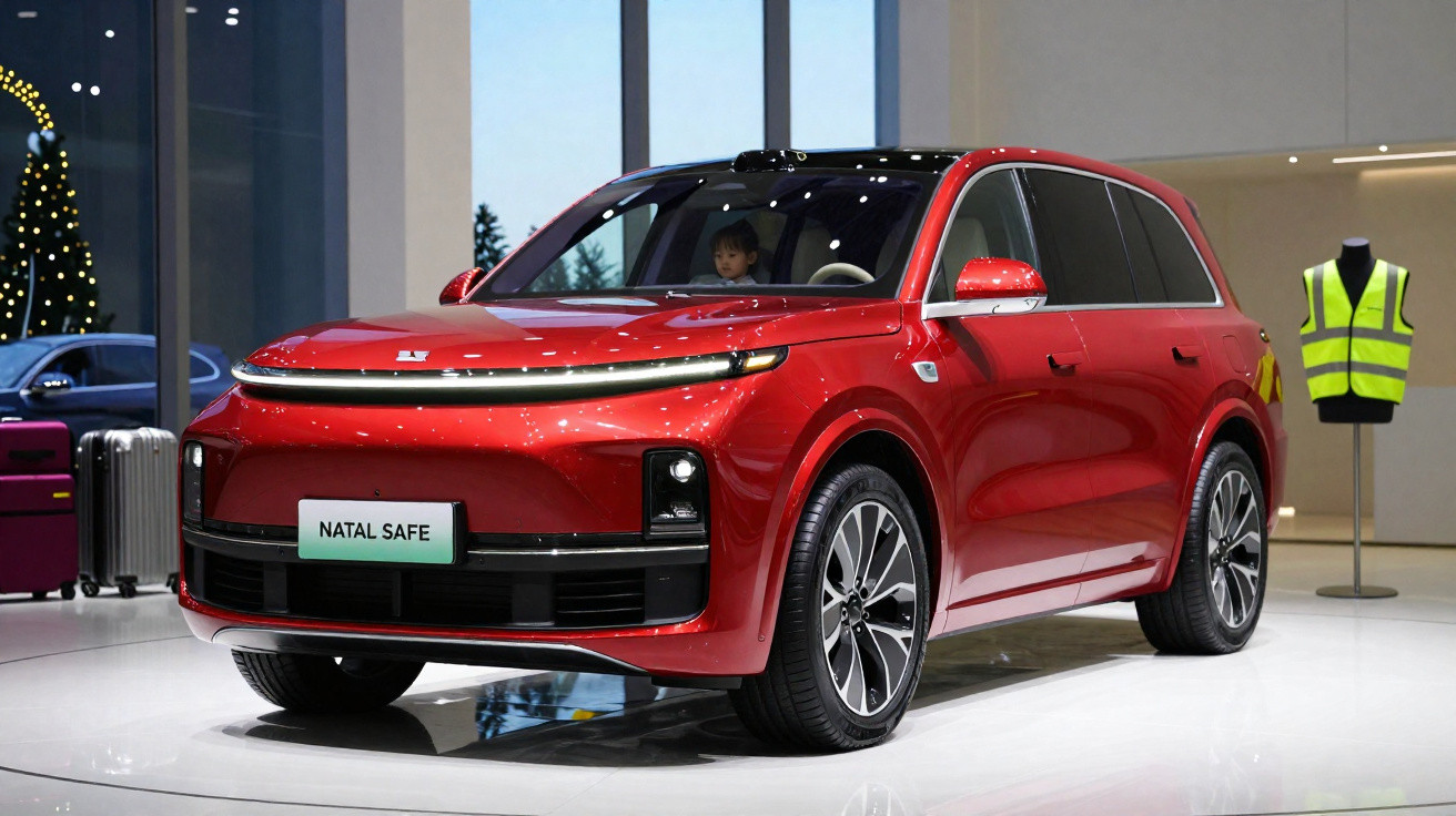 Roter SUV mit moderner Beleuchtung auf Ausstellung, Kind im Fahrerhaus, reflektierender Boden und Sicherheitsweste im Hinterg
