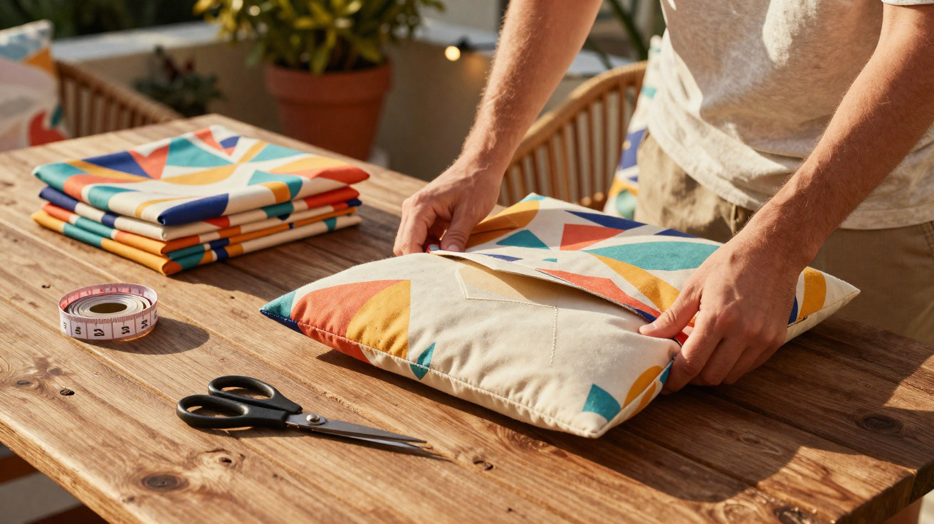 Person legt bunte Kissenhülle mit geometrischem Muster auf rustikalen Holztisch, Schere und Maßband liegen daneben.