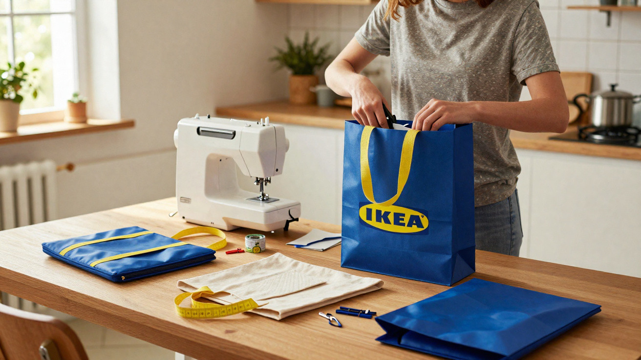 Person packt blaue IKEA-Tasche in heller Küche mit Nähmaschine, Stoffen und Nähutensilien auf Holztisch.