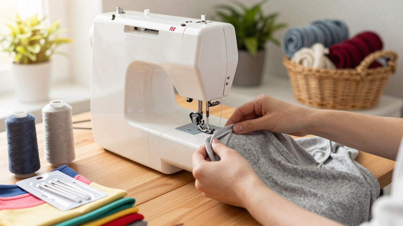 Frau näht graues T-Shirt an weißer Nähmaschine, umgeben von bunten Stoffen und Garnrollen.