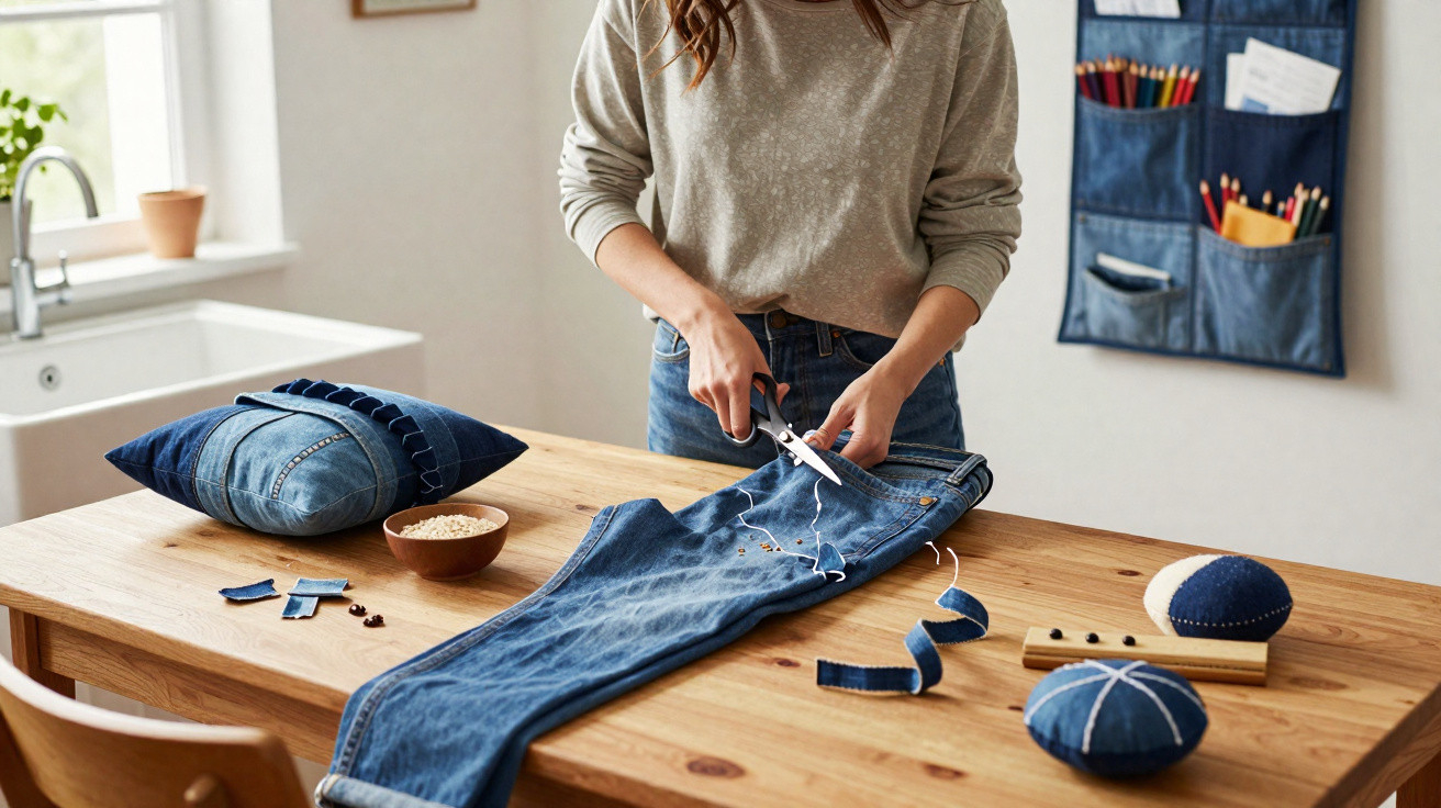 Person schneidet eine blaue Jeans an einem Holztisch zum Nähen oder Upcycling zu.