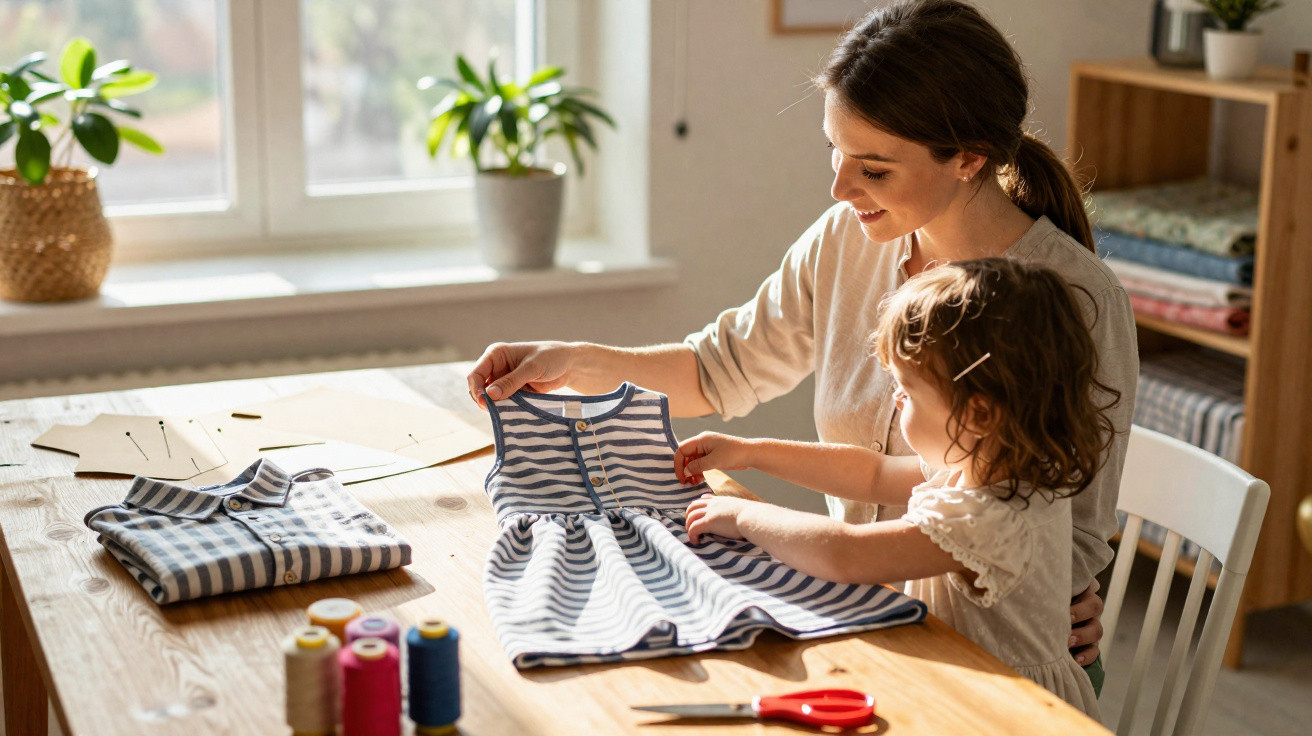 Mutter und Tochter betrachten lächelnd ein gestreiftes Kleid an einem Tisch mit Nähutensilien.
