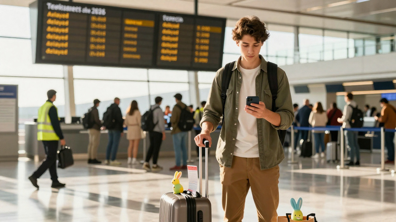 Junger Mann mit Rucksack und Koffer wartet am Flughafen vor Anzeigetafel, blickt auf sein Handy.