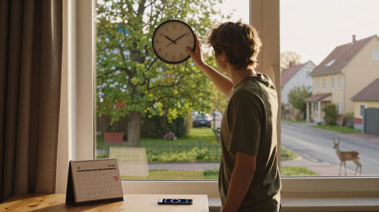 Junger Mann hängt Wanduhr vor großem Fenster auf, draußen Straße, Baum und Reh zu sehen, Kalender und Handy auf Tisch.