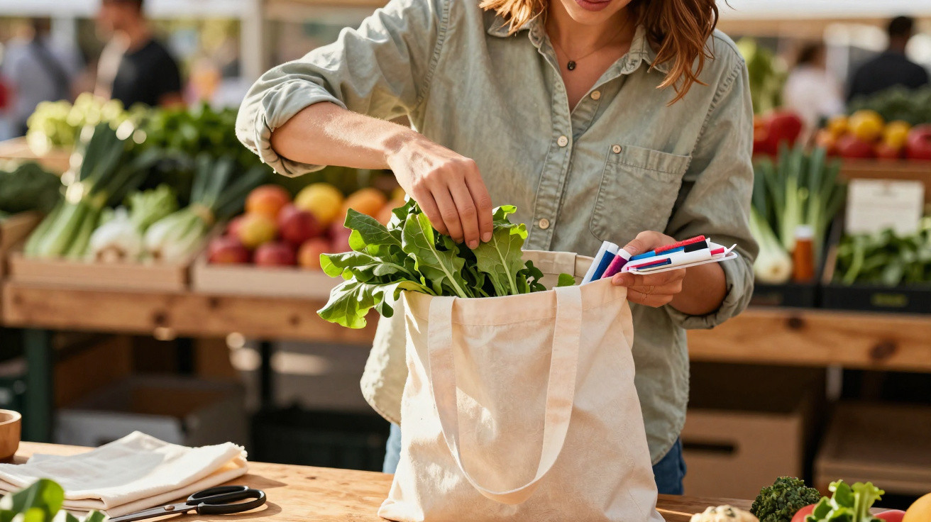 Frau legt frisches Gemüse in eine Stofftasche am Marktstand mit Obst und Gemüse im Hintergrund.
