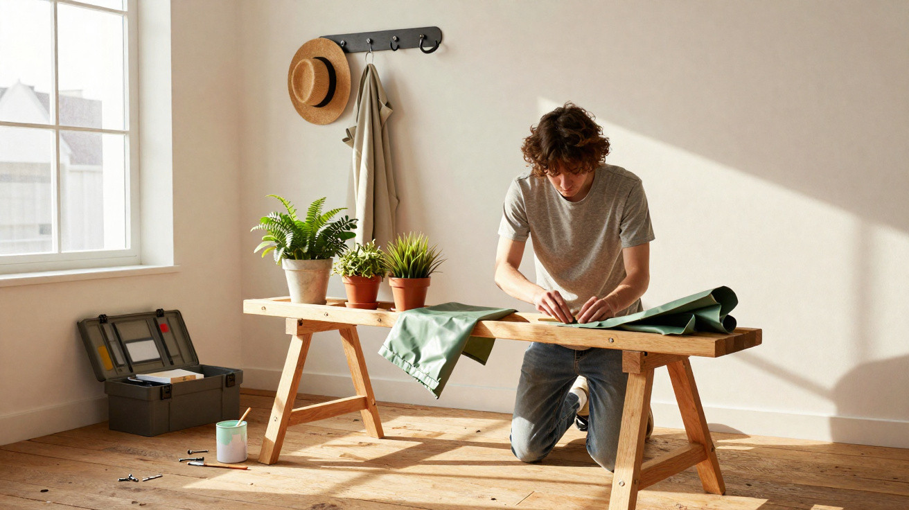 Junger Mann kniet an Holztisch und näht grünen Stoff in sonnigem, minimalistischem Raum.